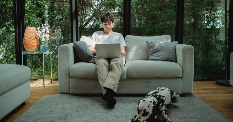 Dog relaxing on a carpet at home
